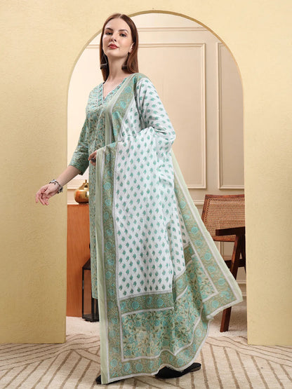 Sea Green Pure Cotton Floral Sequins-Work Straight Kurta Trouser Dupatta Set