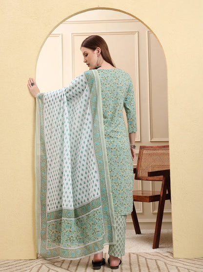 Sea Green Pure Cotton Floral Sequins-Work Straight Kurta Trouser Dupatta Set