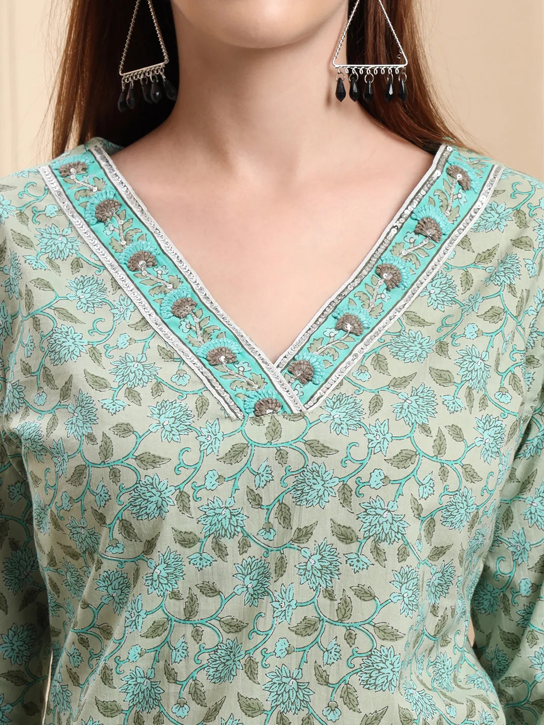 Sea Green Pure Cotton Floral Sequins-Work Straight Kurta Trouser Dupatta Set