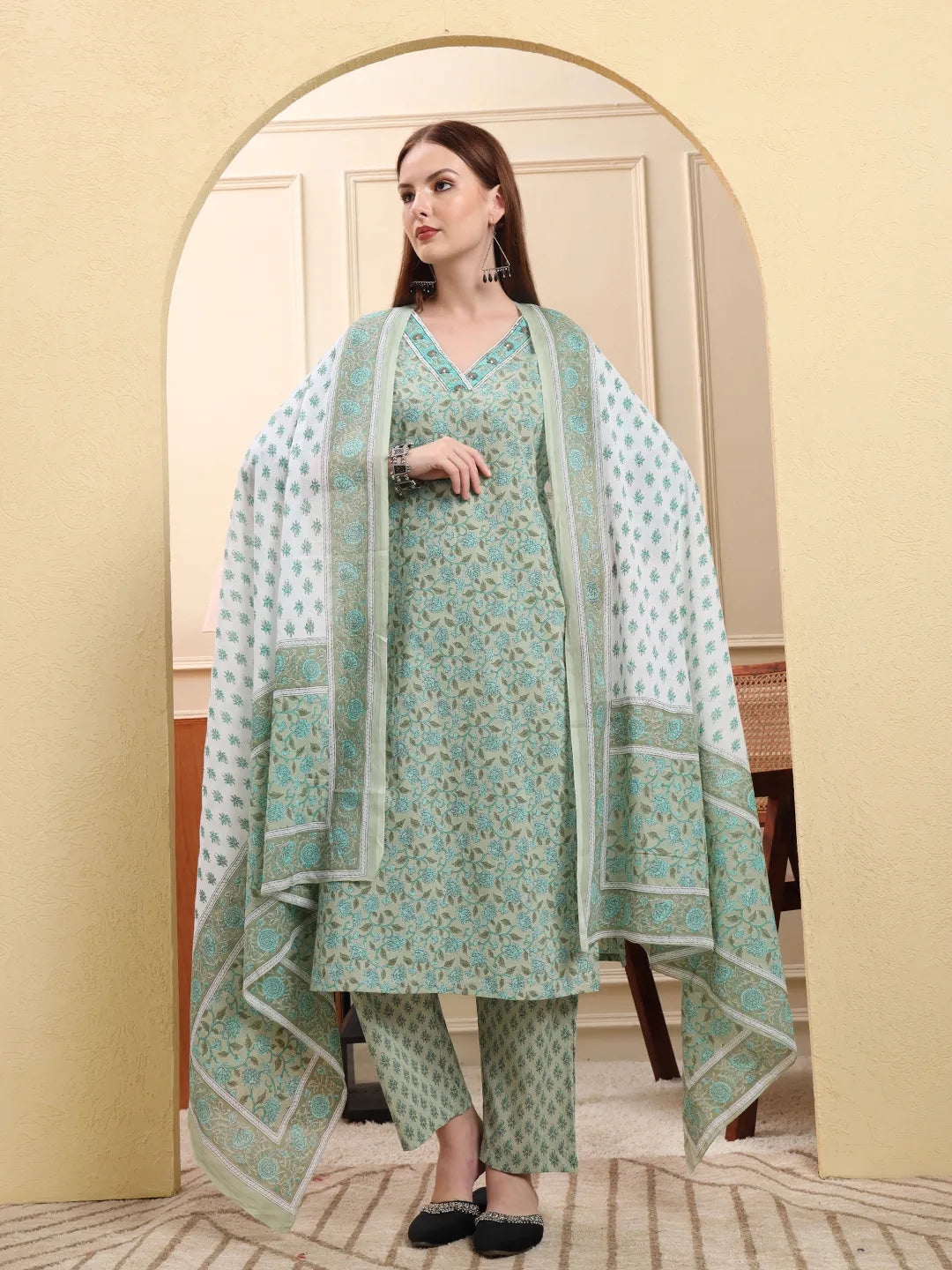 Sea Green Pure Cotton Floral Sequins-Work Straight Kurta Trouser Dupatta Set