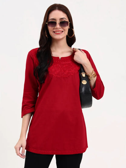 Women's Maroon Cotton Maroon Cotton Straight Peplum Top by Yufta, suitable for wholesale buyers, boutiques, retailers, resellers and bulk fashion orders from Trendphoria