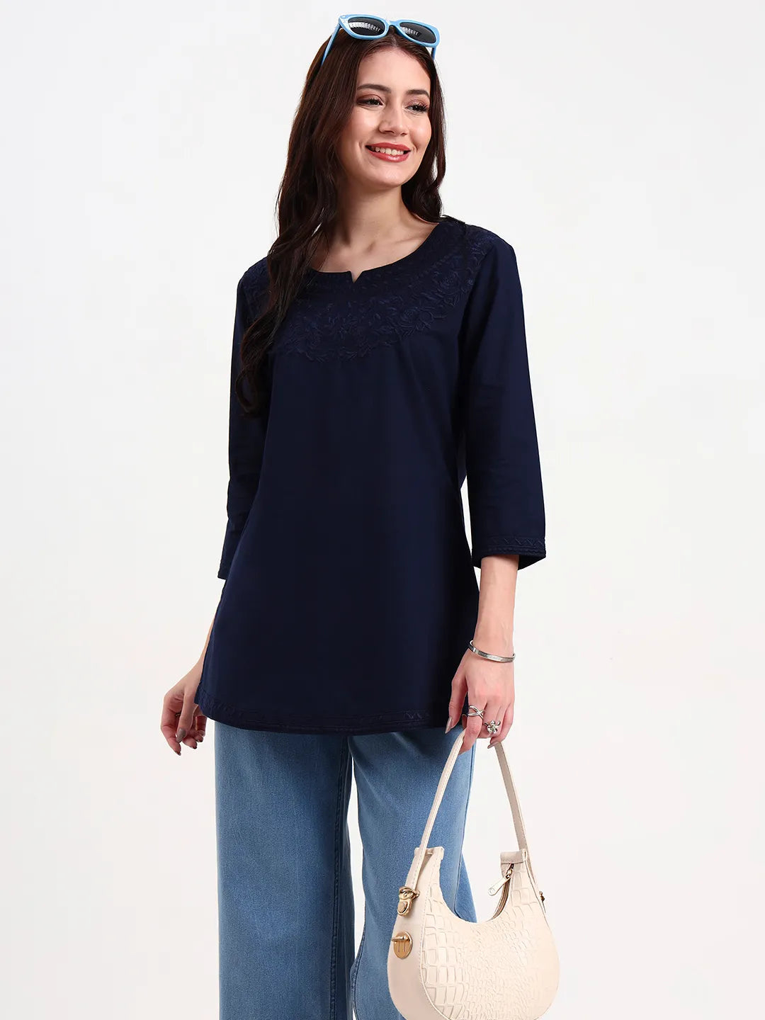 Navy Blue Cotton Straight Peplum Top