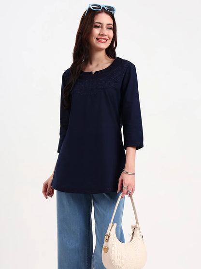 Navy Blue Cotton Straight Peplum Top
