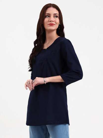 Navy Blue Cotton Straight Peplum Top