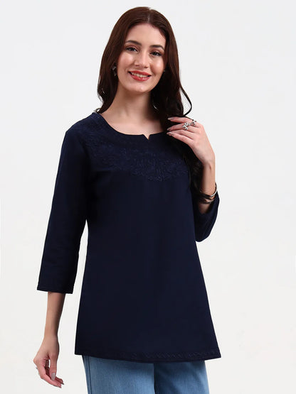 Navy Blue Cotton Straight Peplum Top