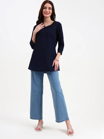 Navy Blue Cotton Straight Peplum Top
