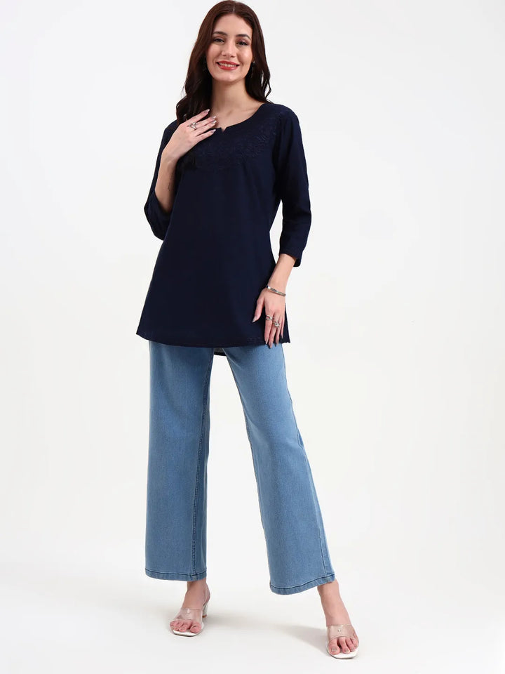 Navy Cotton Straight Peplum Top