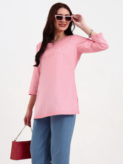 Pink Cotton Straight Peplum Top