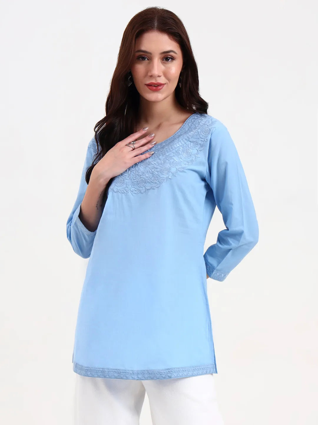 Sky Blue Cotton Straight Peplum Top