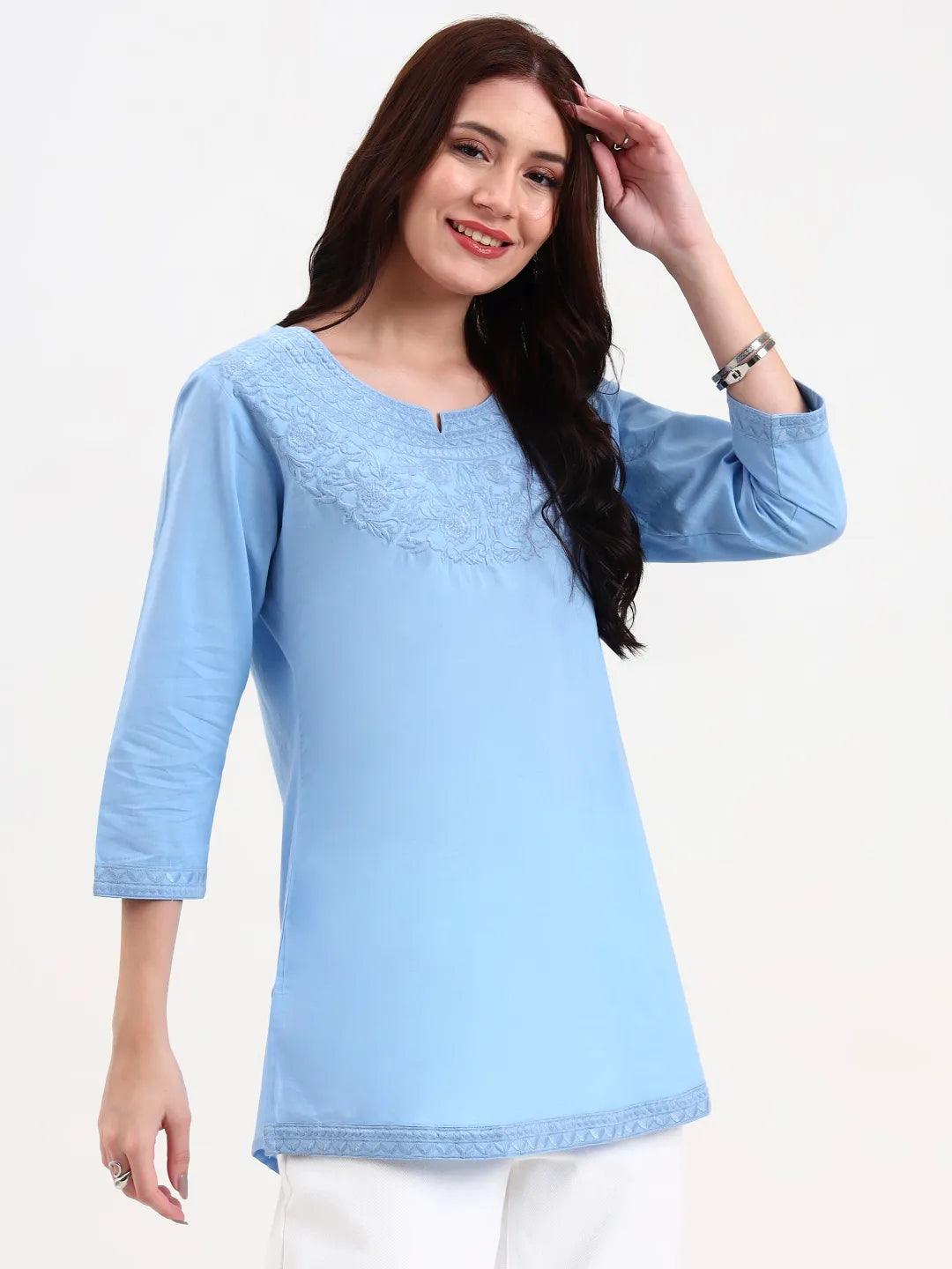 Sky Blue Cotton Straight Peplum Top