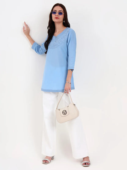 Sky Blue Cotton Straight Peplum Top