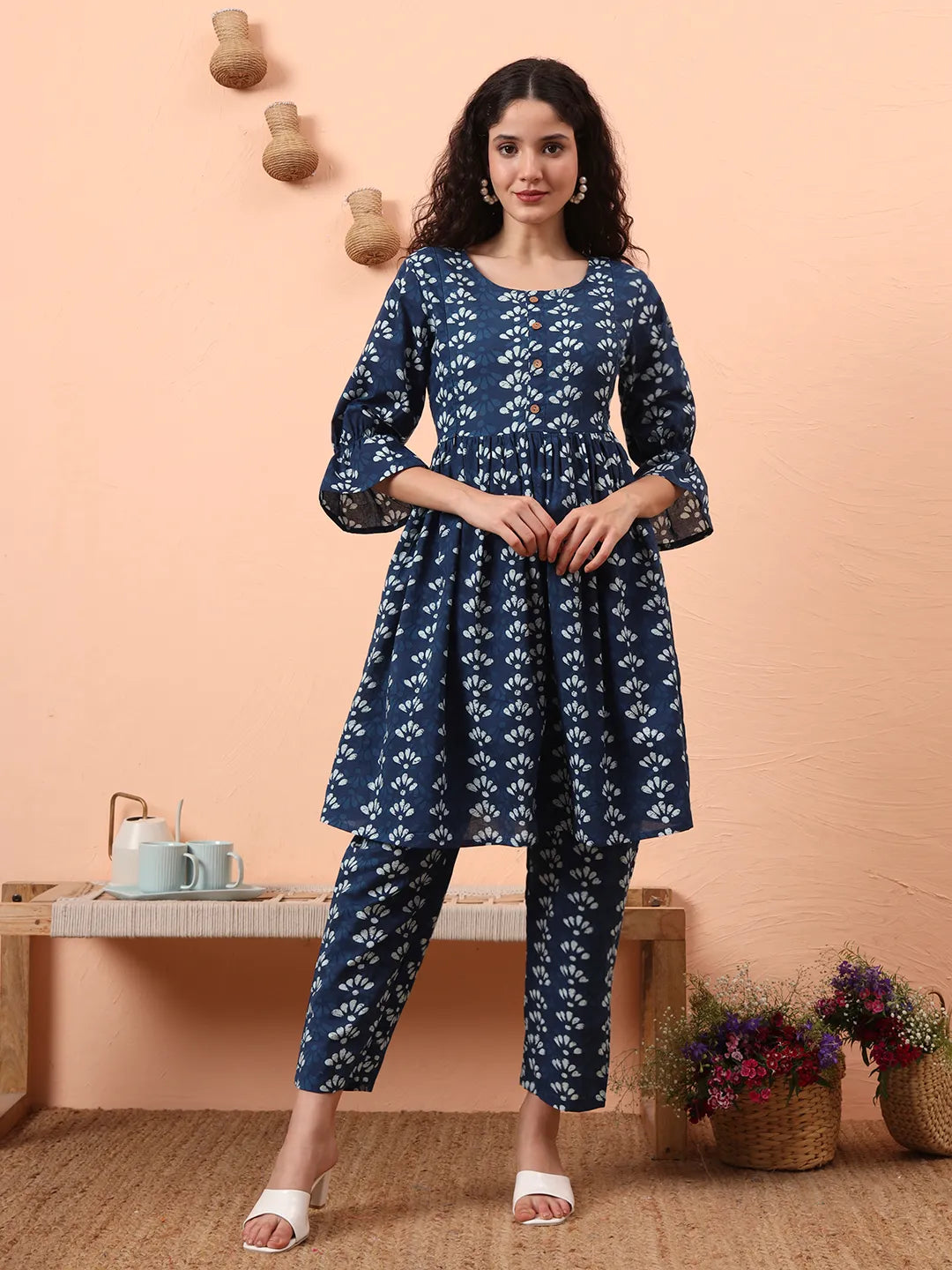 Women's Blue Cotton Blue Cotton Maternity Kurta Pant Set by Yufta, suitable for wholesale buyers, boutiques, retailers, resellers and bulk fashion orders from Trendphoria