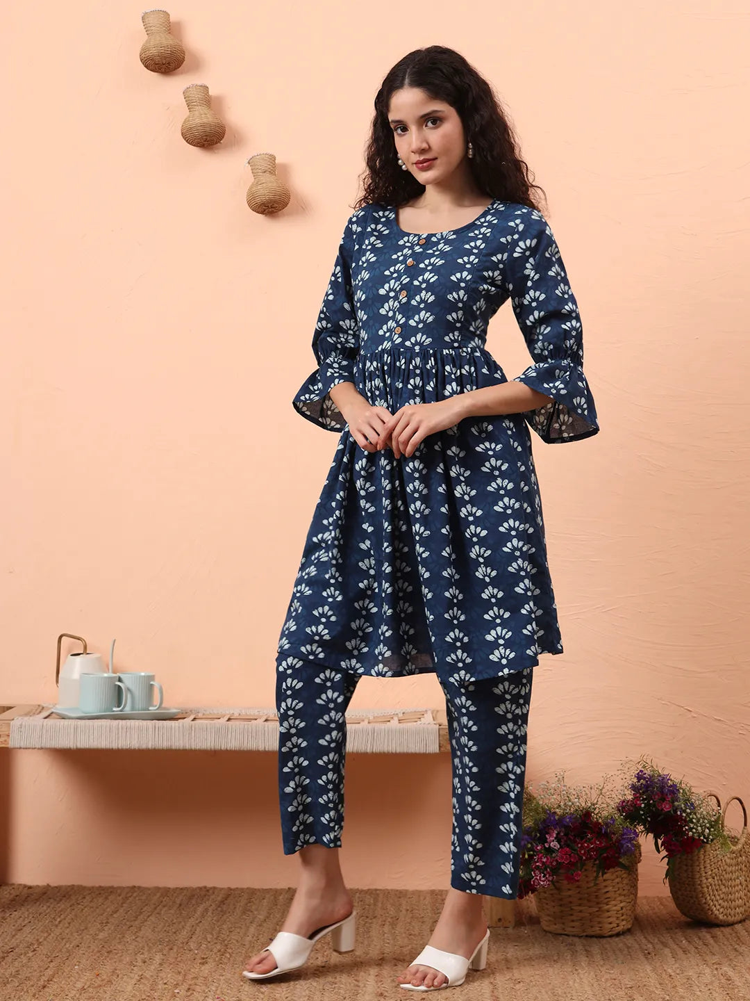 Blue Cotton Maternity Kurta Pant Set
