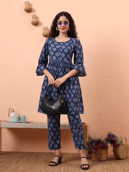 Blue Cotton Maternity A-Line Kurta Pant Set