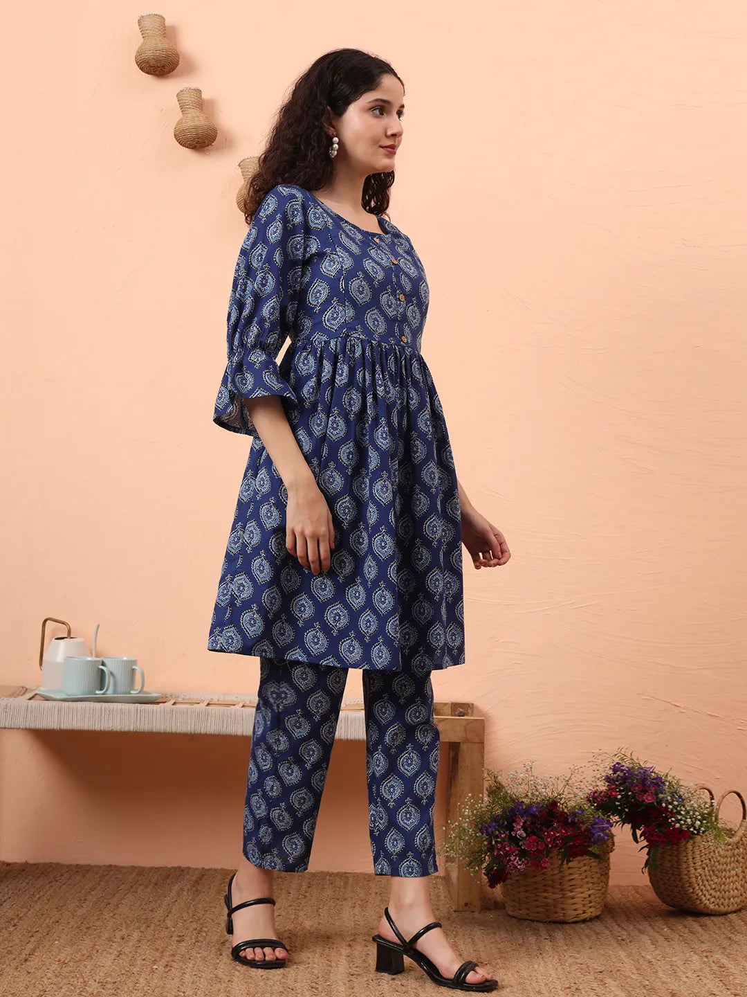 Blue Cotton Maternity A-Line Kurta Pant Set