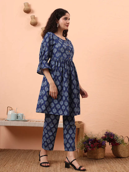 Blue Cotton Maternity A-Line Kurta Pant Set
