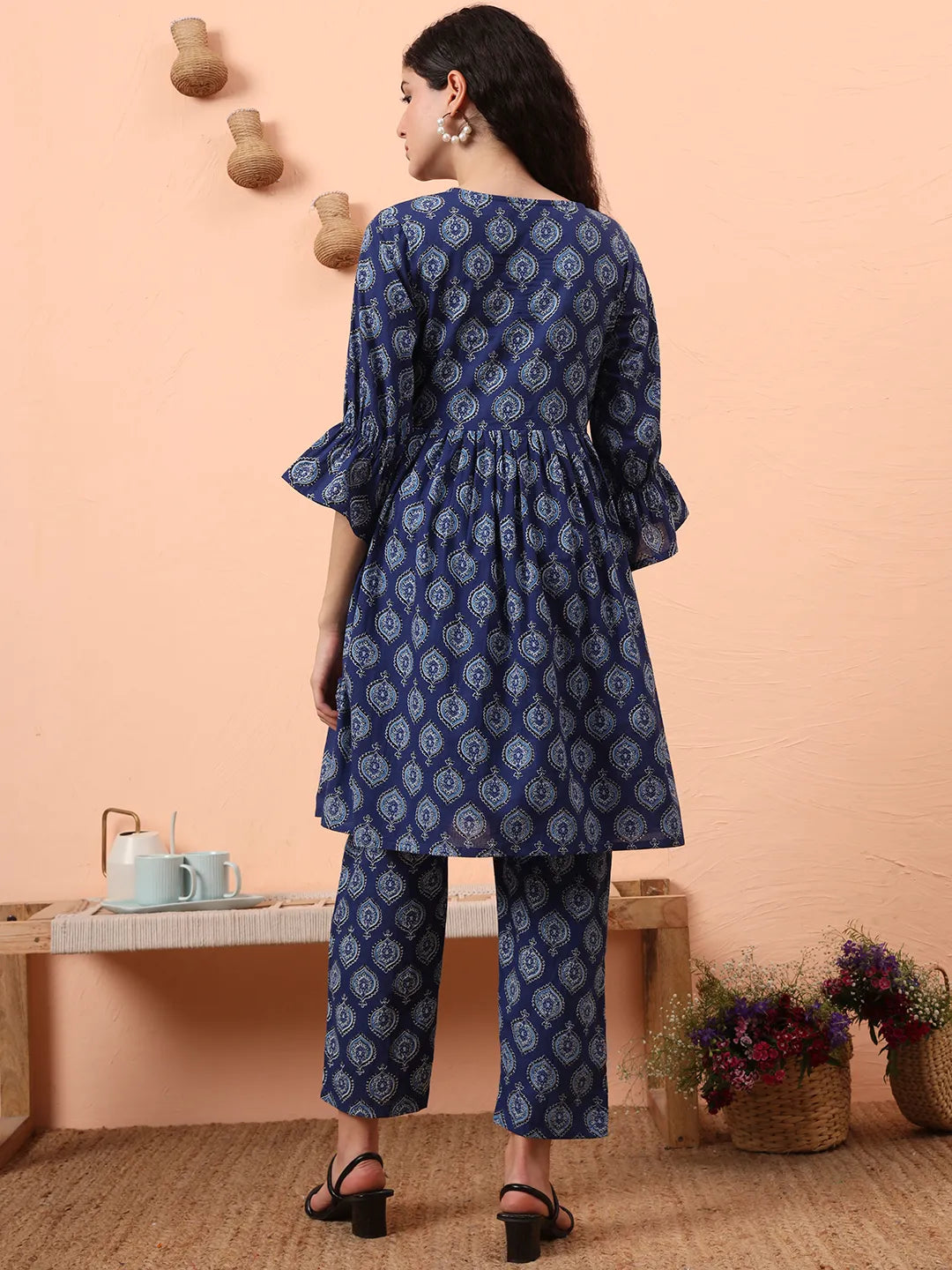 Blue Cotton Maternity A-Line Kurta Pant Set