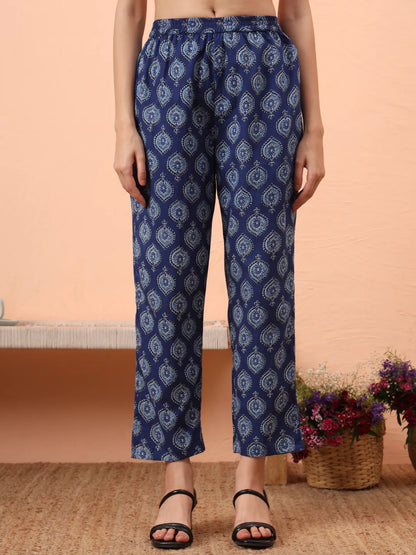 Blue Cotton Maternity A-Line Kurta Pant Set