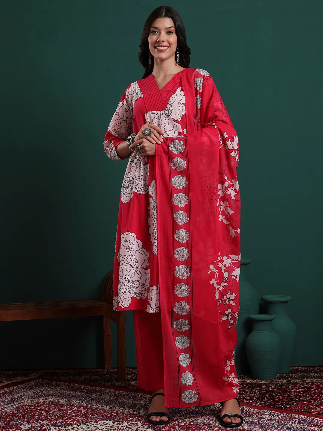 Hot Pink Cotton Floral Print A-Line Kurta Pants & Dupatta Set
