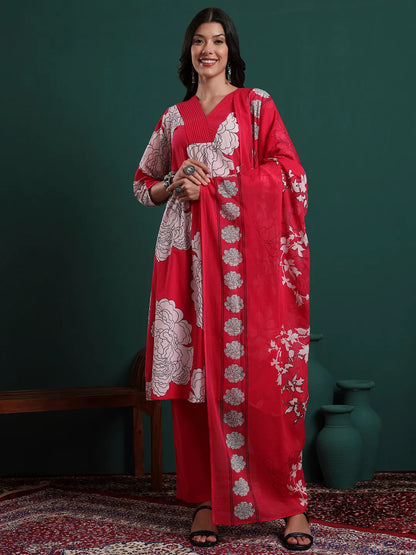 Hot Pink Cotton Floral Print A-Line Kurta Pants & Dupatta Set