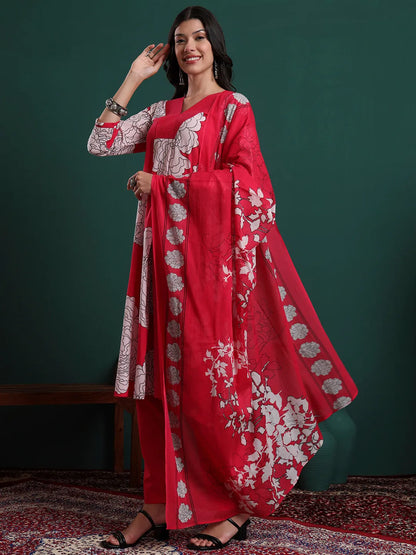 Hot Pink Cotton Floral Print A-Line Kurta Pants & Dupatta Set