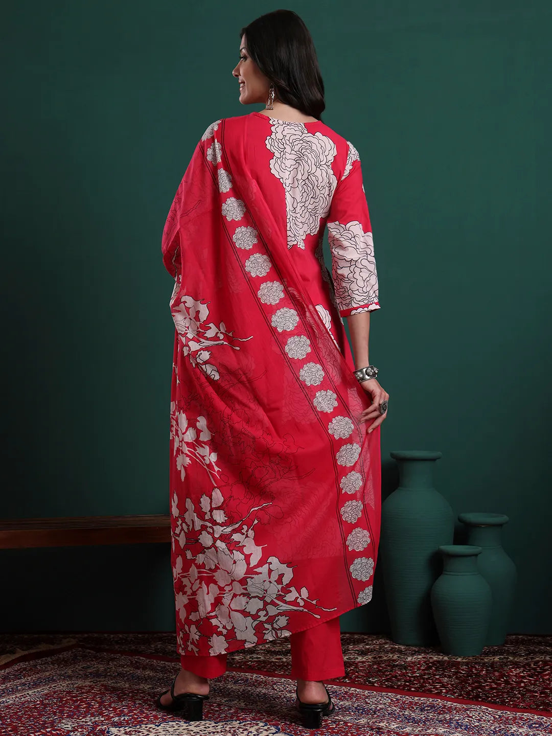 Hot Pink Cotton Floral Print A-Line Kurta Pants & Dupatta Set