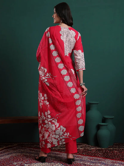 Hot Pink Cotton Floral Print A-Line Kurta Pants & Dupatta Set