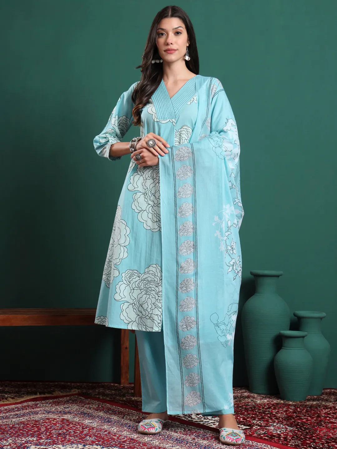 Sky Blue Cotton Floral Print A-Line Kurta Pants & Dupatta Set