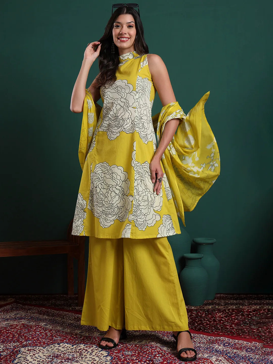 Mustard Cotton Aline Halter Neck Kurta Palazzo & Dupatta Set