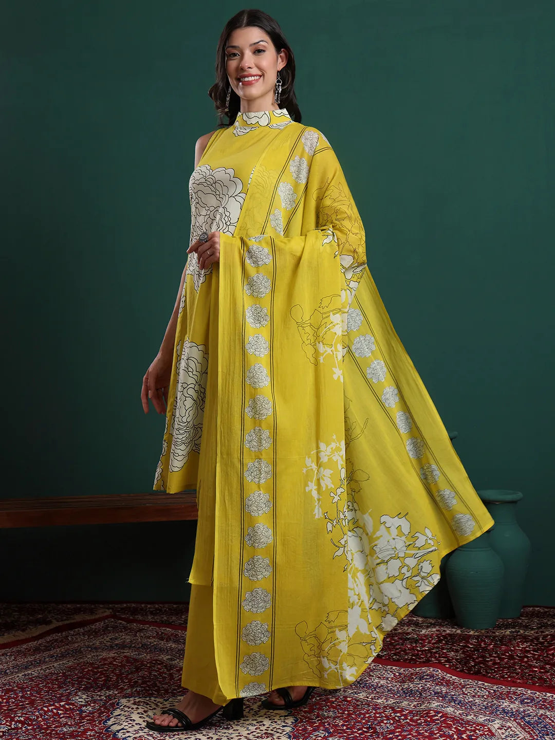 Mustard Cotton Aline Halter Neck Kurta Palazzo &amp; Dupatta Set