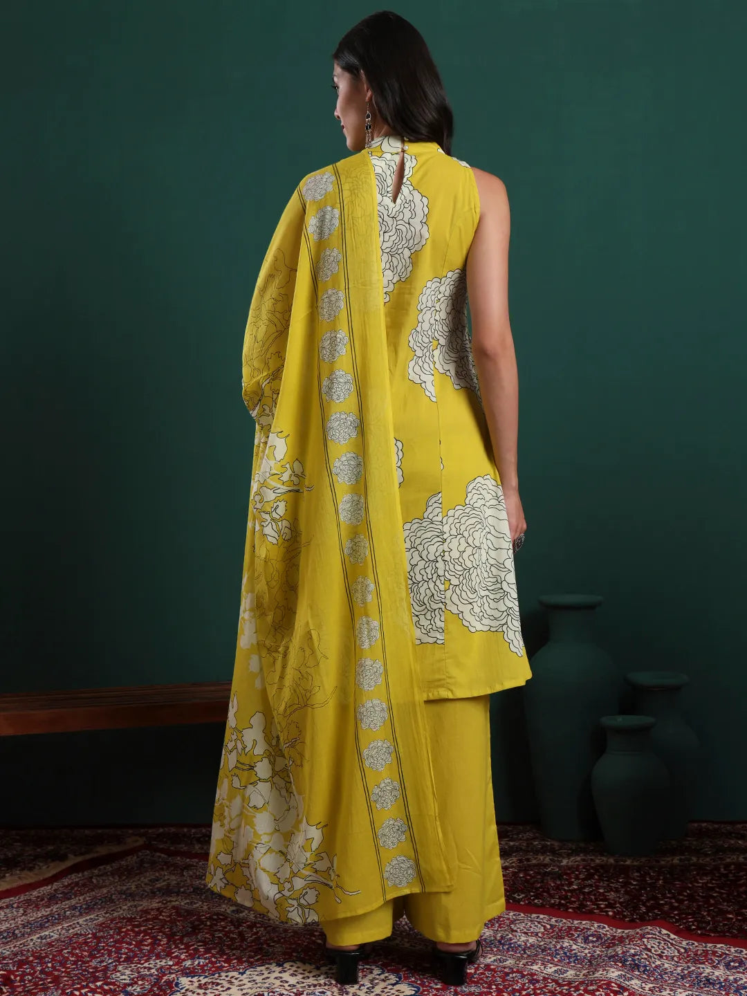 Mustard Cotton Aline Halter Neck Kurta Palazzo &amp; Dupatta Set