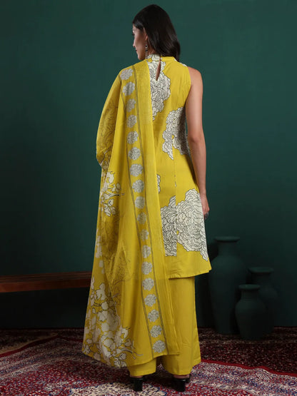 Mustard Cotton Aline Halter Neck Kurta Palazzo & Dupatta Set