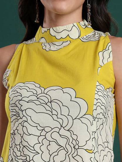 Mustard Cotton Aline Halter Neck Kurta Palazzo & Dupatta Set