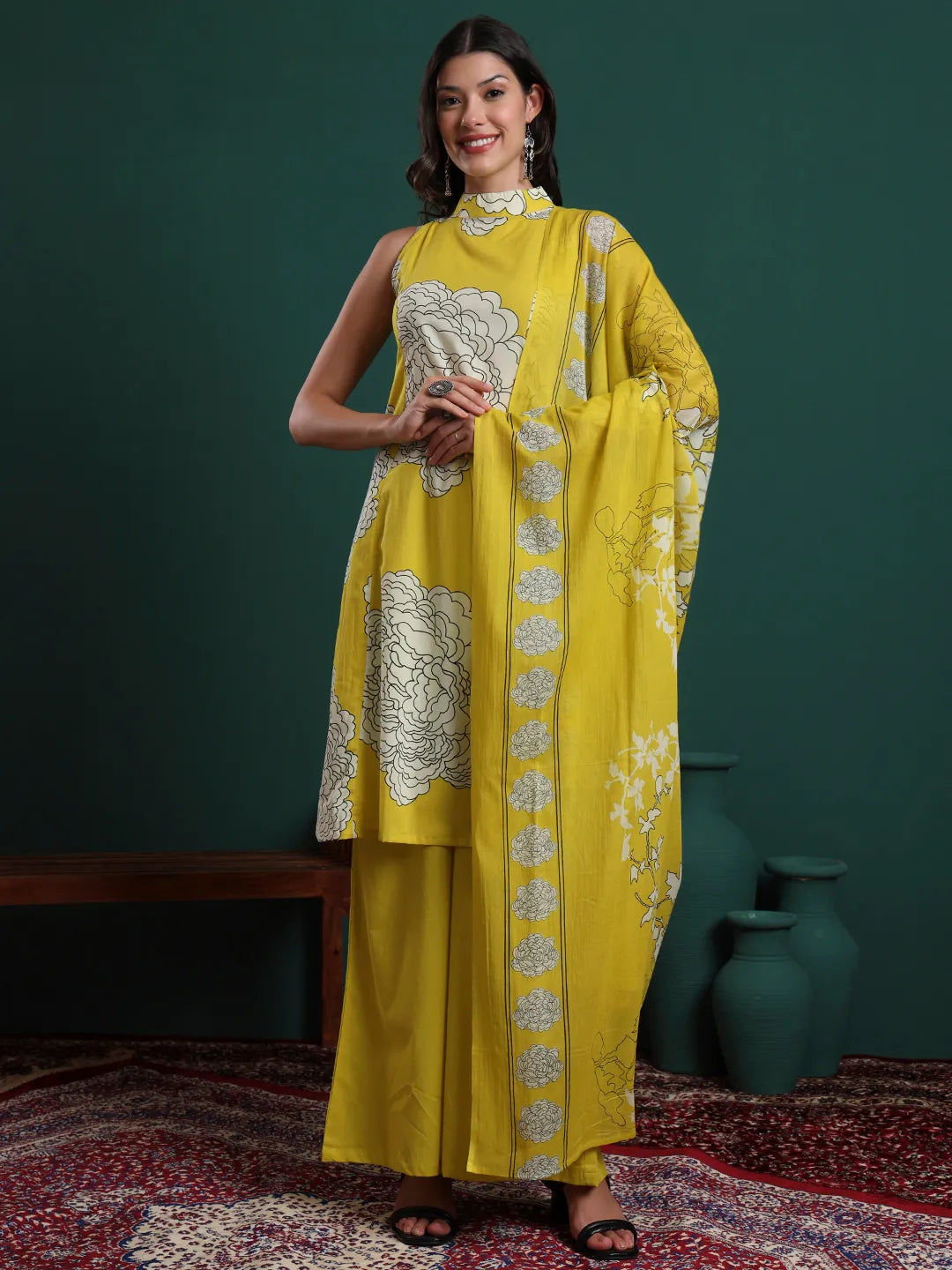 Mustard Cotton Aline Halter Neck Kurta Palazzo &amp; Dupatta Set