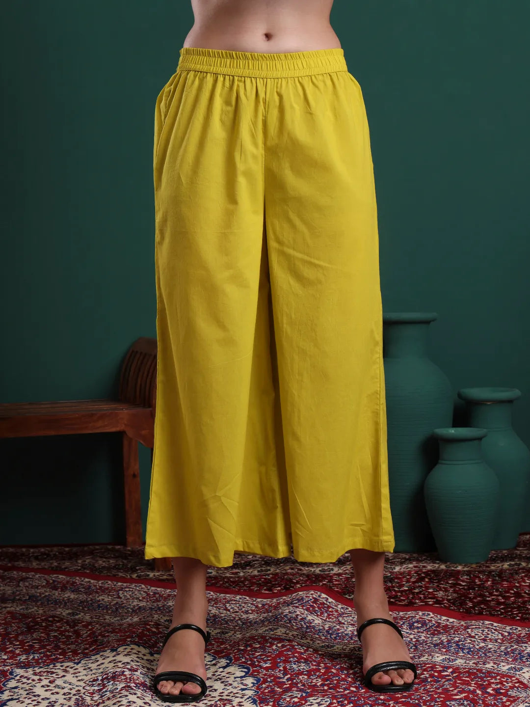 Mustard Cotton Aline Halter Neck Kurta Palazzo &amp; Dupatta Set