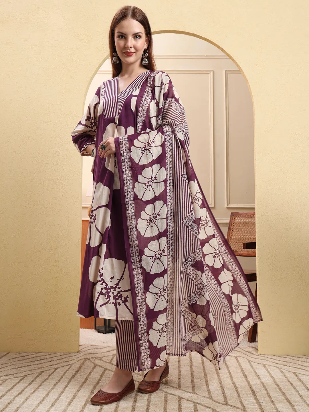 Purple Floral A-Line Kurta Trouser Dupatta Set