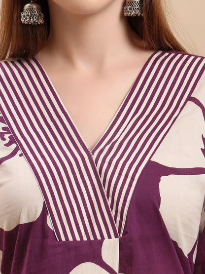 Purple Floral A-Line Kurta Trouser Dupatta Set