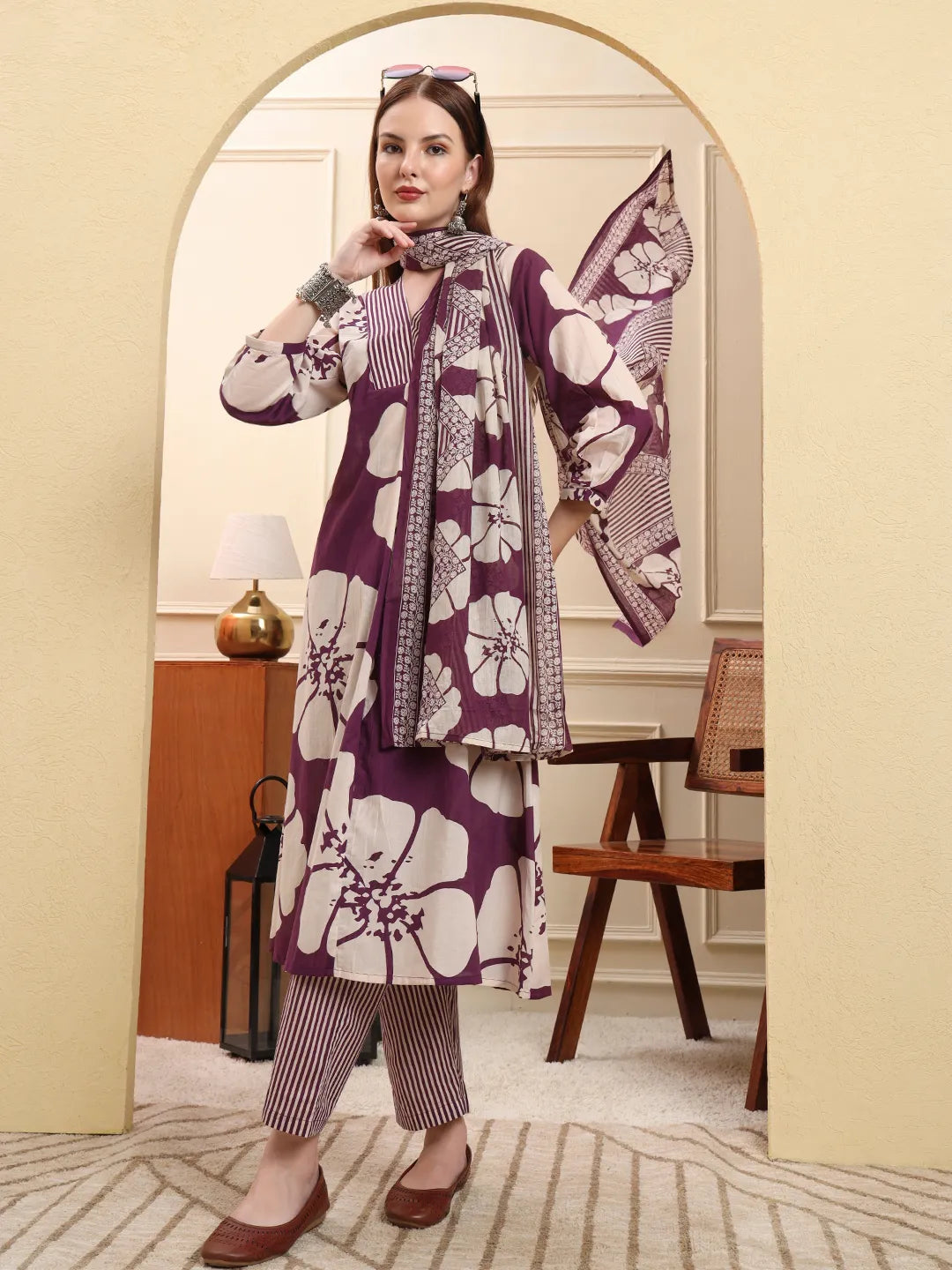 Purple Floral A-Line Kurta Trouser Dupatta Set