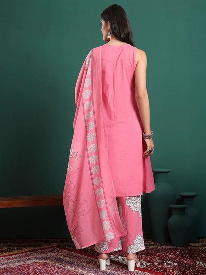 Pink Cotton Aline Sleeveless Kurta Palazzo Dupatta Set