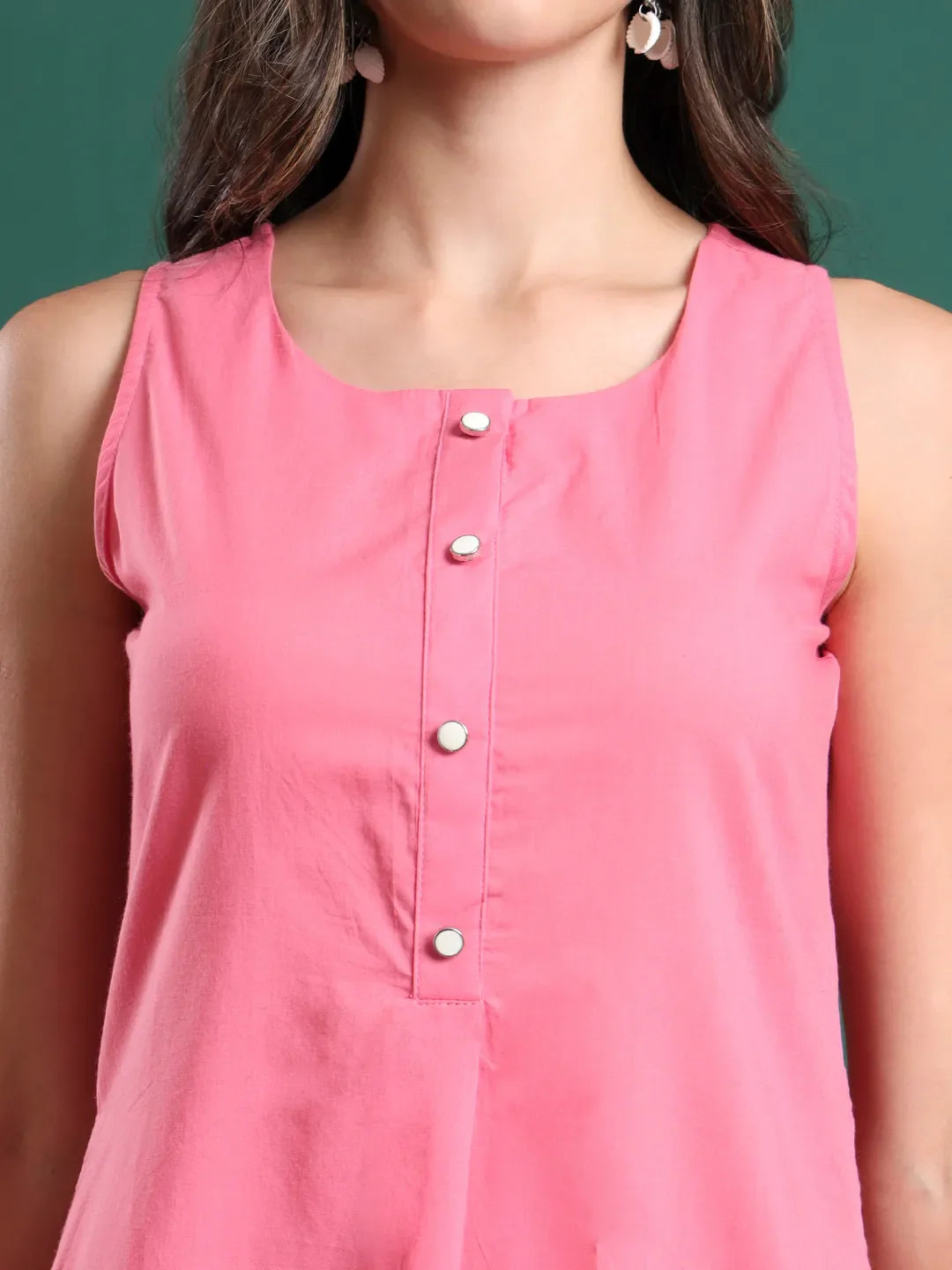 Pink Cotton Aline Sleeveless Kurta Palazzo Dupatta Set