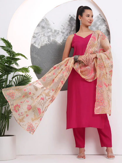 Pink Solid Straight Silk Blend Sleeveless Kurta Trouser Dupatta Set
