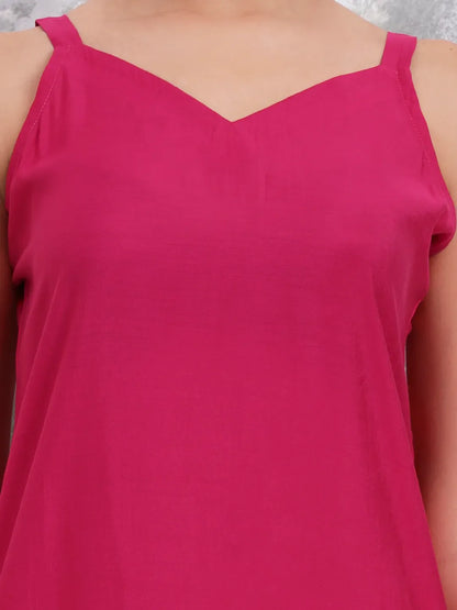 Pink Solid Straight Silk Blend Sleeveless Kurta Trouser Dupatta Set
