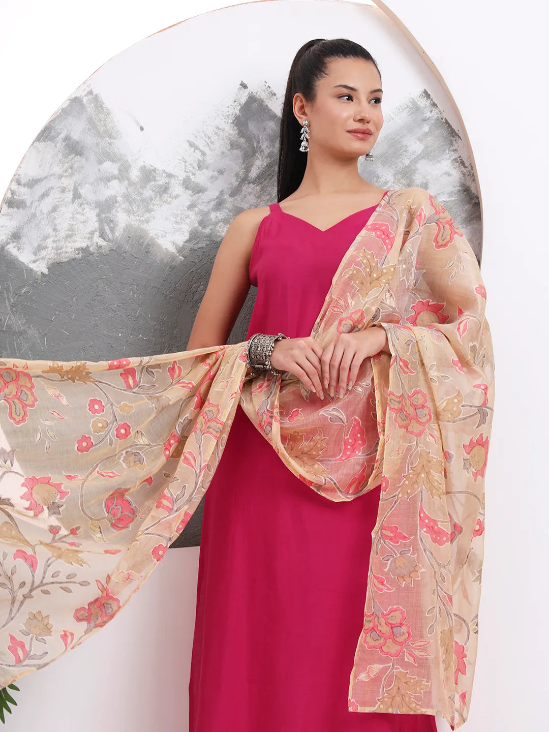 Pink Solid Straight Silk Blend Sleeveless Kurta Trouser Dupatta Set