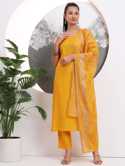 Yellow Solid Straight Silk Blend Sleeveless Kurta Trouser Dupatta Set