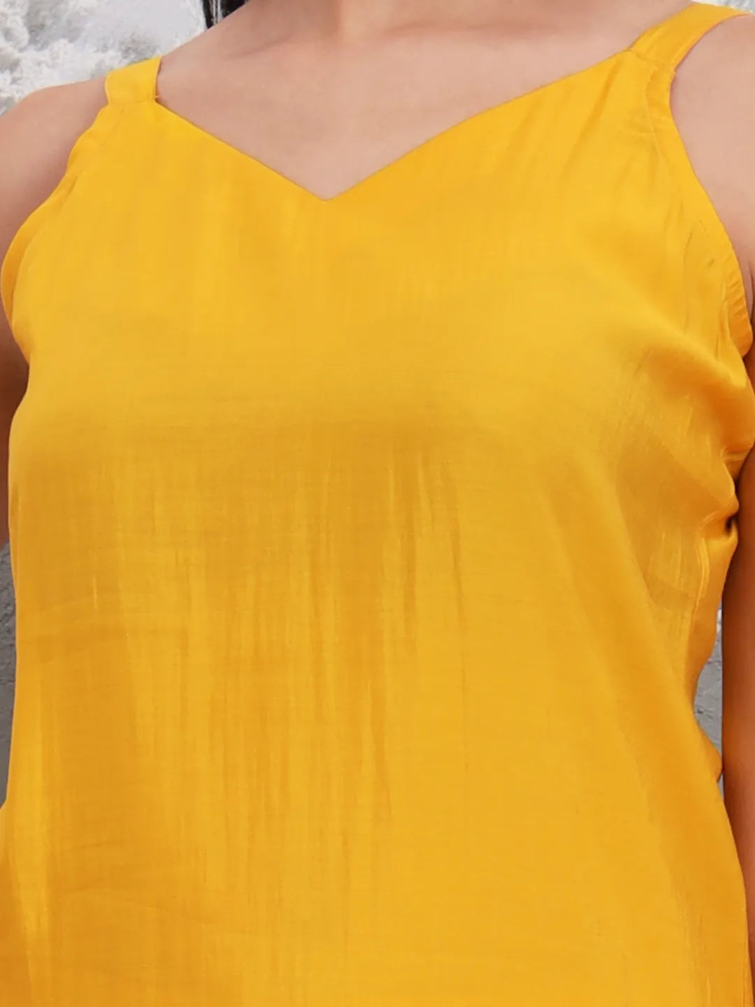 Yellow Solid Straight Silk Blend Sleeveless Kurta Trouser Dupatta Set