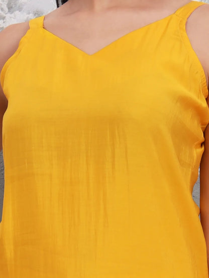 Yellow Solid Straight Silk Blend Sleeveless Kurta Trouser Dupatta Set