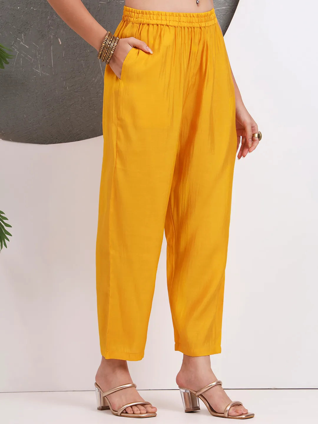 Yellow Solid Straight Silk Blend Sleeveless Kurta Trouser Dupatta Set