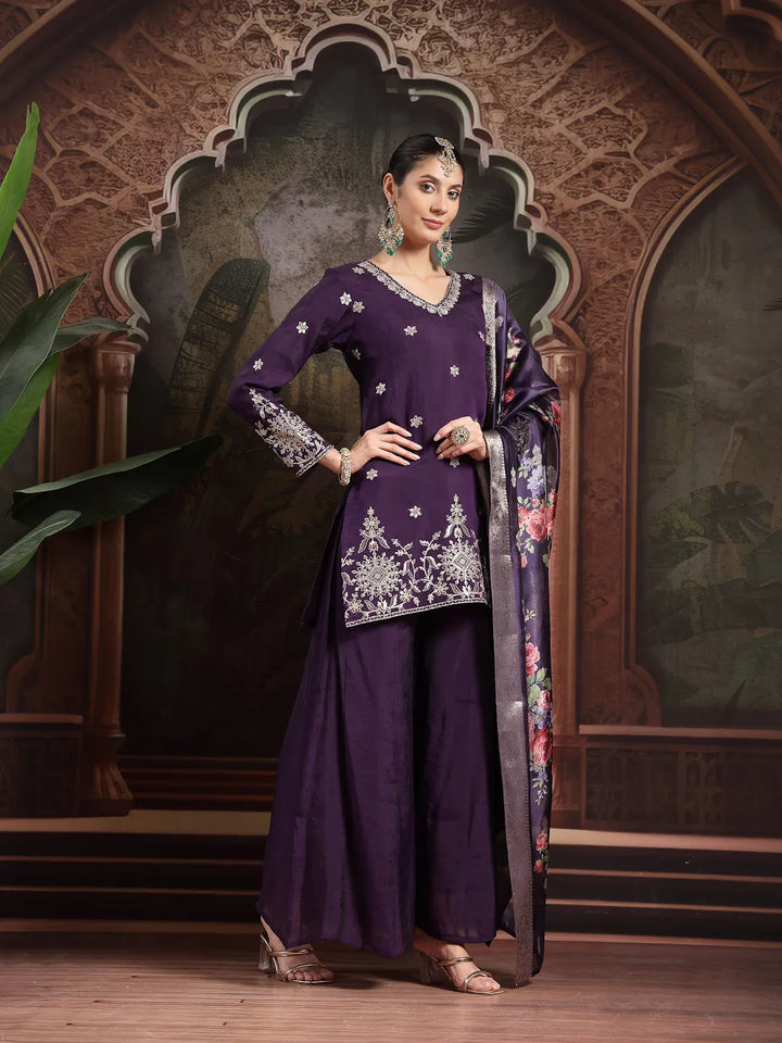 Purple Mul Chanderi Short Kurta Palazoo Set
