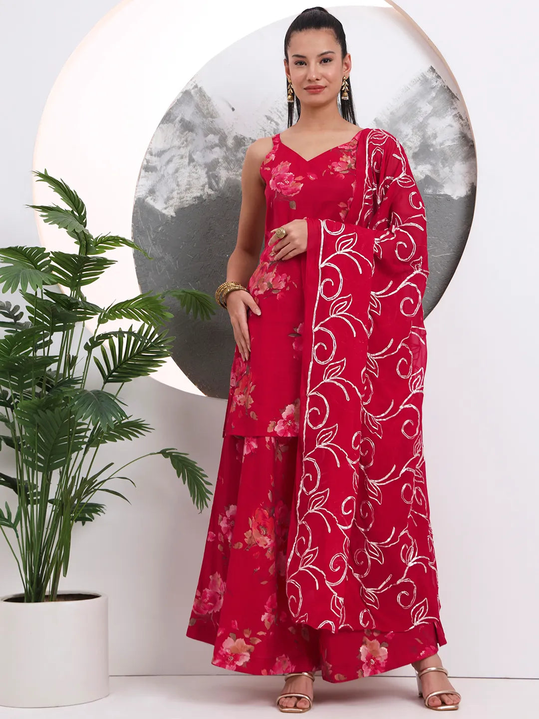 Red Floral Straight Silk Blend Sleeveless Kurta Palazzo Dupatta Set