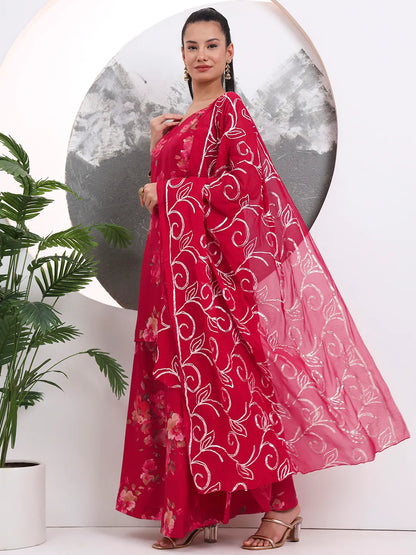Red Floral Straight Silk Blend Sleeveless Kurta Palazzo Dupatta Set